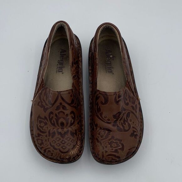 Alegria Brown Floral stamped leather Slip-On Shoes nurse teacher comfort shoe 38 - Picture 3 of 14